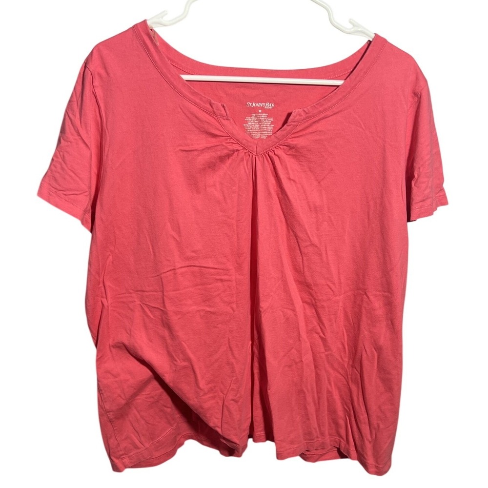 St. John's Bay Women's 1X Plus Size Coral Cotton Modal Blend Notch Neck T-Shirt
